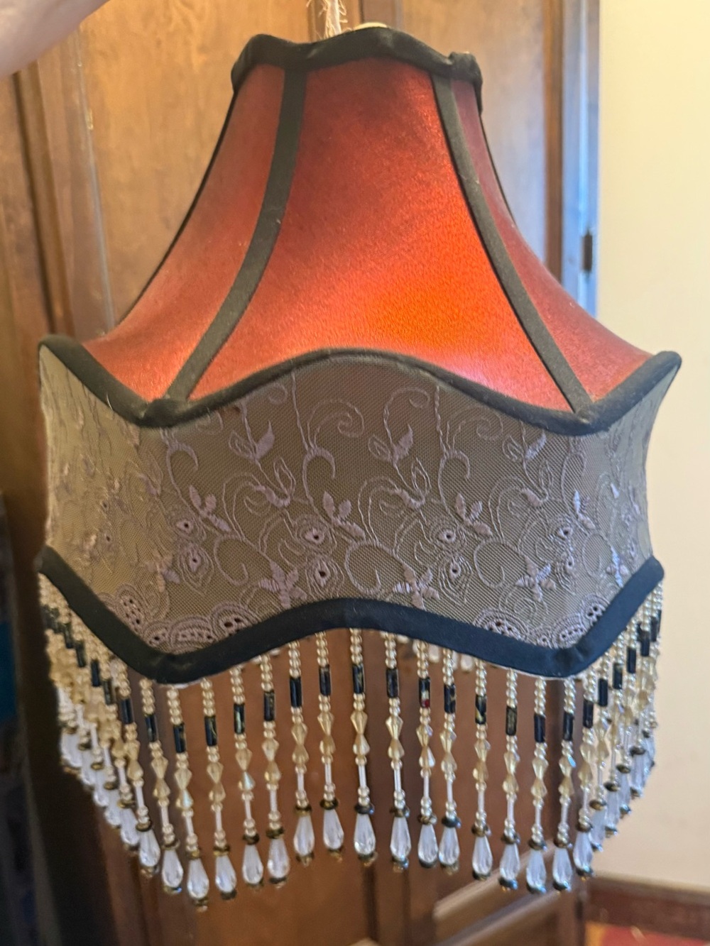 Vintage-Style Red and Beige Beaded Pendant Lamp Shade - Unbranded